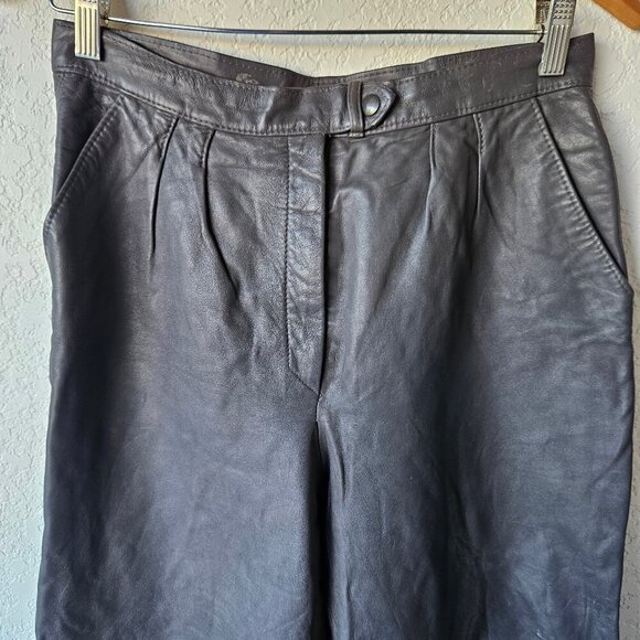 Vintage Maguette 80s 90s Dark Gray Leather Tapered Pleated Pants Motorcycle 14/L - Picture 2 of 7